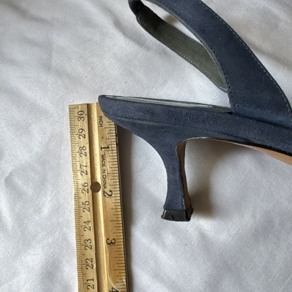 Manolo Blahnik Woven Canvas/ Suede Pointed Toe Slingback Pumps Kitten Heels Flaw